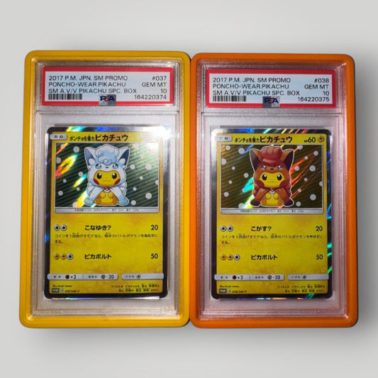 2017 Pokémon Japanese Poncho-Wearing Pikachu Promo Set #037 & #038 – PSA 10 GEM MINT Sequential Certs