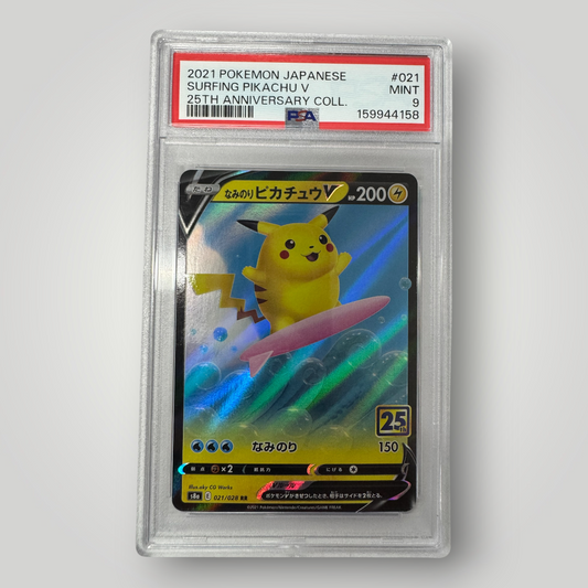 2021 Pokémon Japanese 25th Anniversary Collection Surfing Pikachu V #021/028 PSA 9 MINT