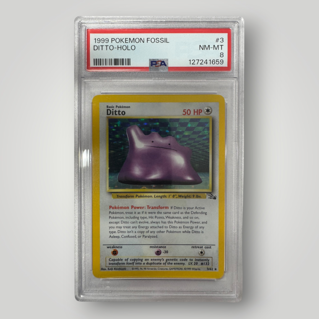 1999 Pokemon Fossil Ditto-Holo PSA 8